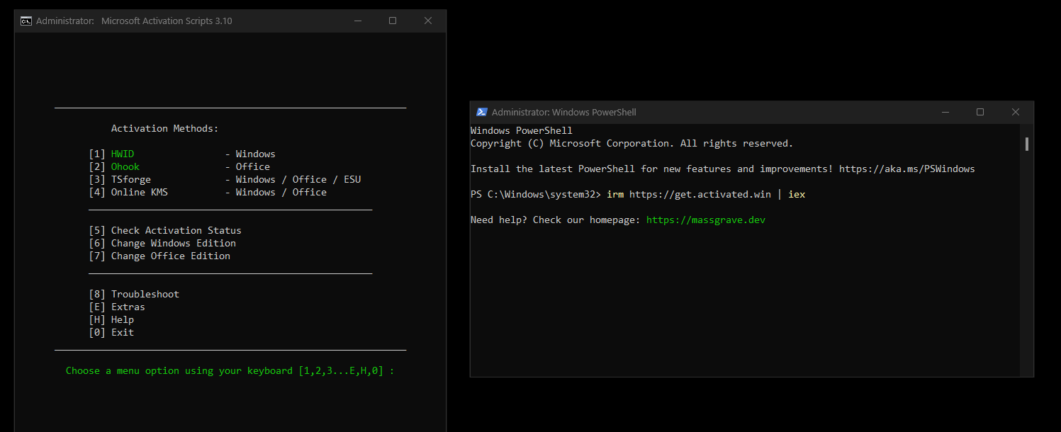 Activation script menu and PowerShell