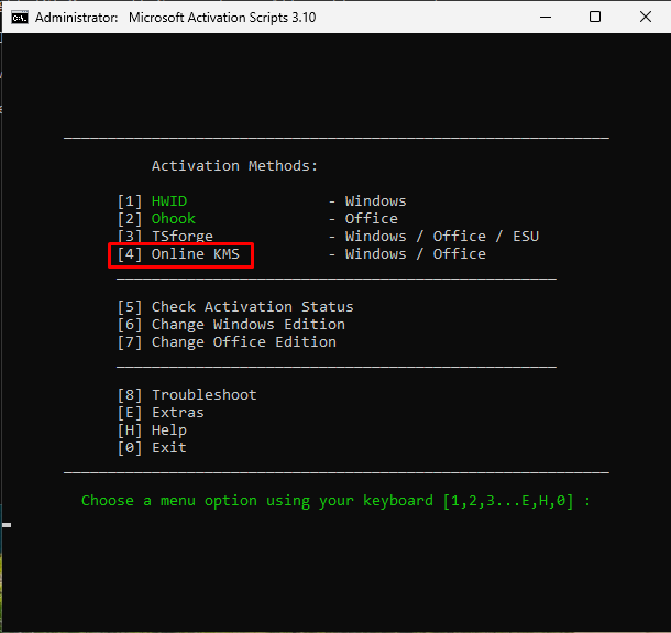 Menu with Online KMS highlighted