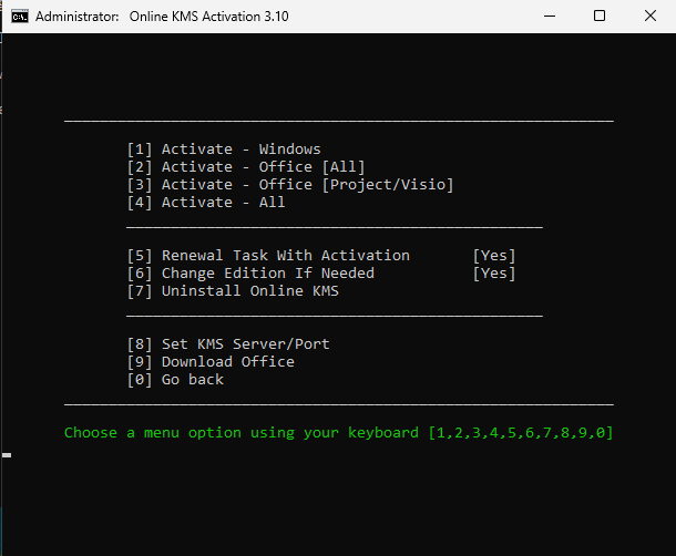 Online KMS activation menu